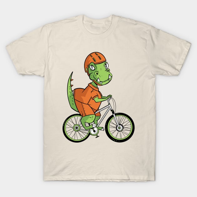 T-rex Dinosaur Riding a Bicycle T-Shirt by OnepixArt